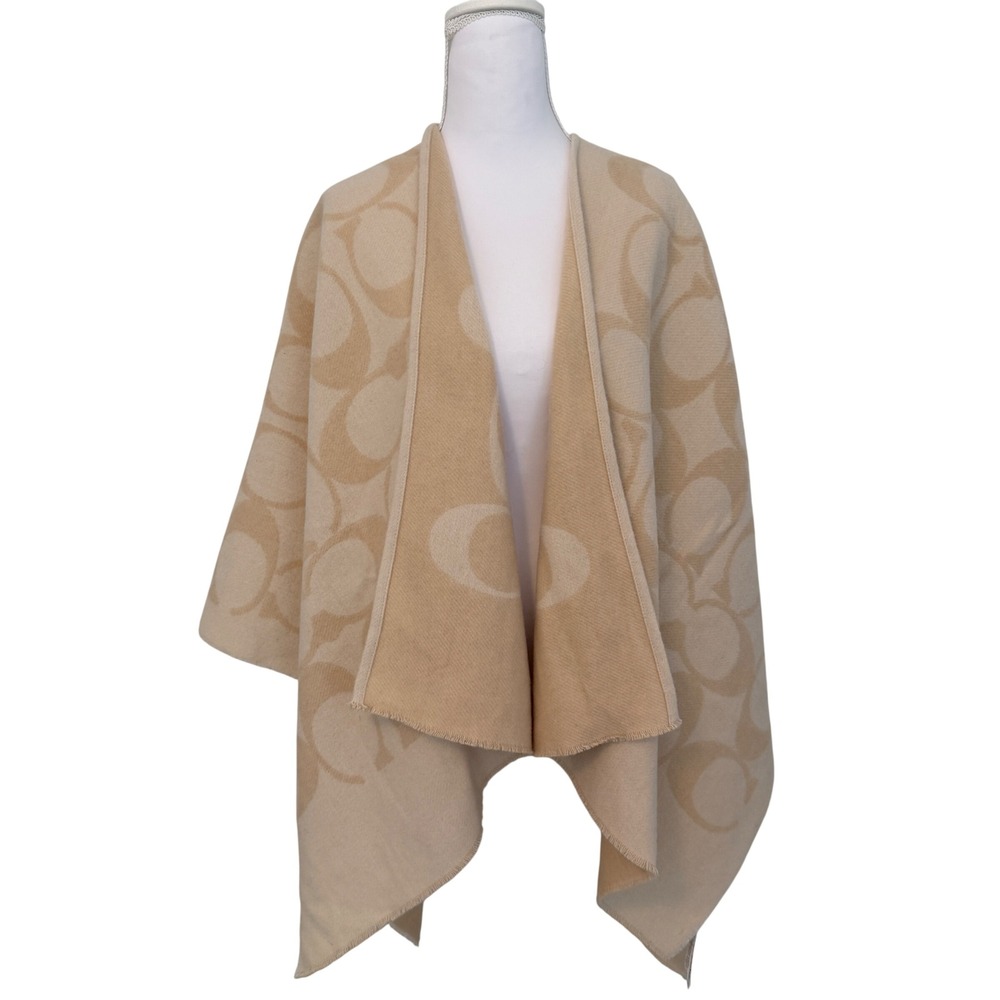 Coach Signature Cape Shawl Women OS Beige Cream Wool Blend Logo Wrap CU811 - Picture 2 of 7